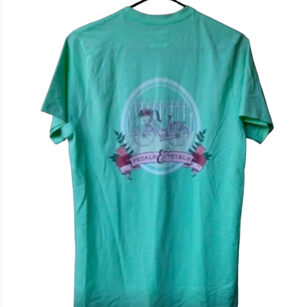 RIBBONS & ROWS Mint Green with Bicycle Print 100% Cotton T-SHIRT SMALL - Picture 3 of 4